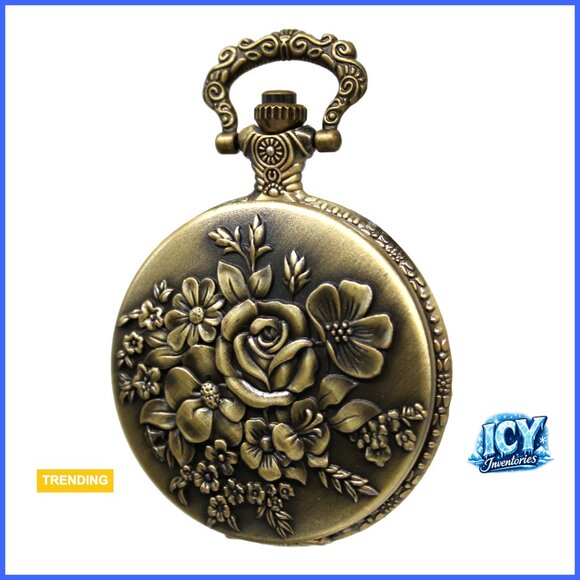 Vintage Quartz Pocket Watch with Flower Pattern Cover and Chain